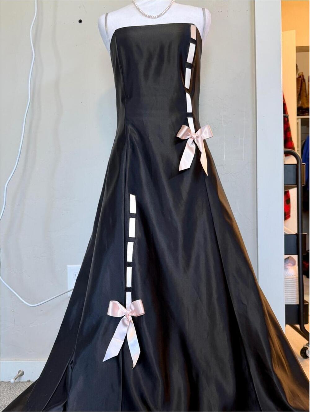 VTG Gunne Sax/Jessica McClintock Black Satin Formal Prom Dress Pink Ribbon Bows - Picture 2 of 7